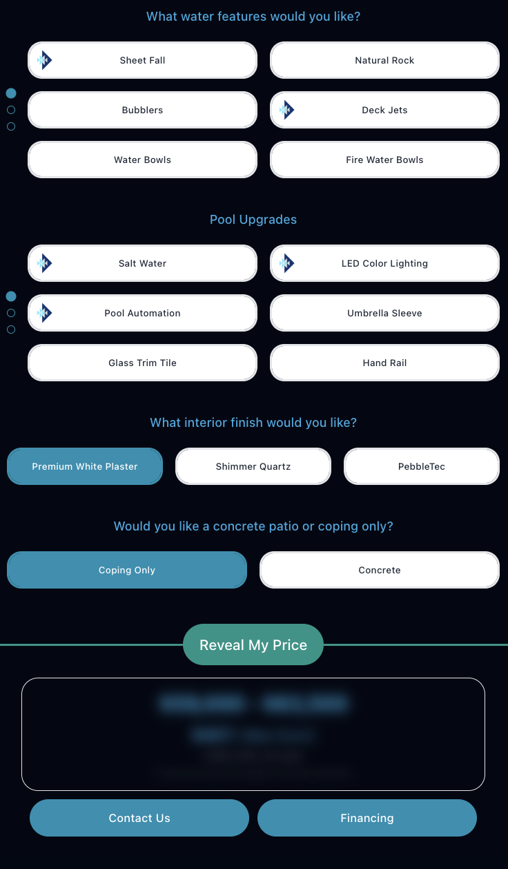 Pool estimator on mobile showing price estimate